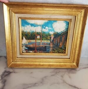 Gold Framed Seascape Wall Art with Blue Accents- Replica Of Bridge At Argentuil